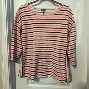 T by Talbots Knit Top Pink Burgundy Off White Striped 3/4 Sleeve Large Petite